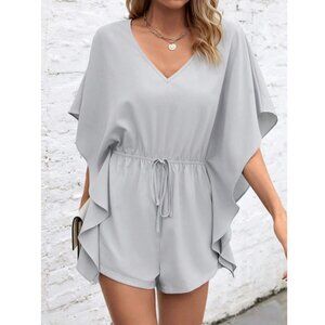 Batwing Sleeve Drawstring Waist Ruffle Trim Romper gray